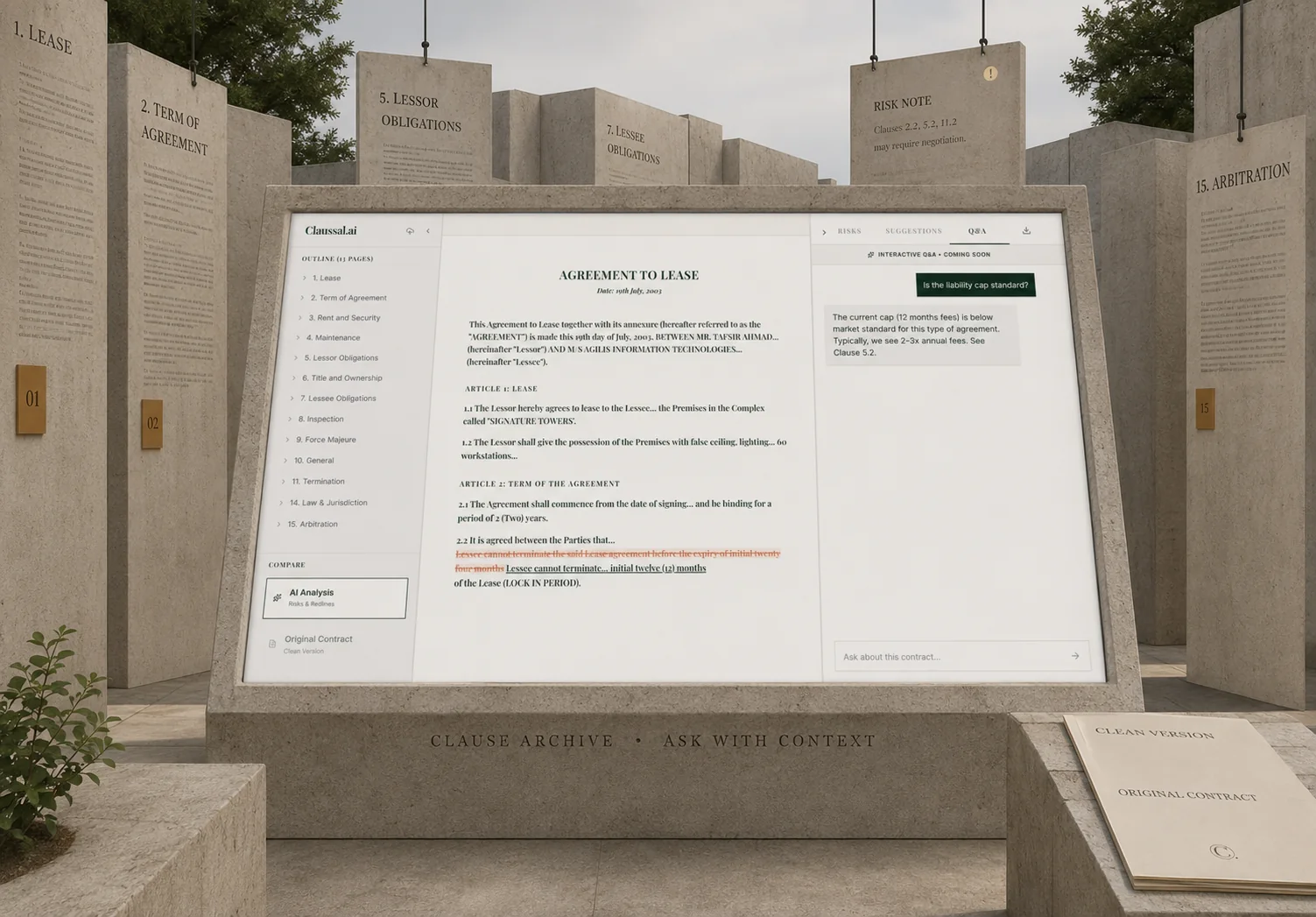 Claussal contextual question and answer interface surrounded by agreement clauses