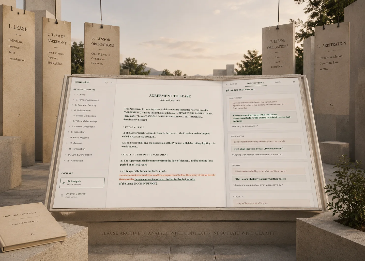 Claussal redline suggestions interface set inside a physical clause archive