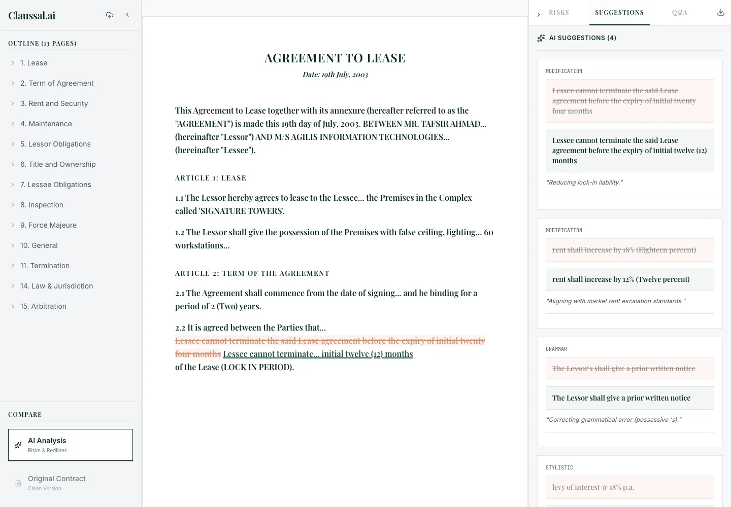 Unmodified Claussal redline suggestions product capture