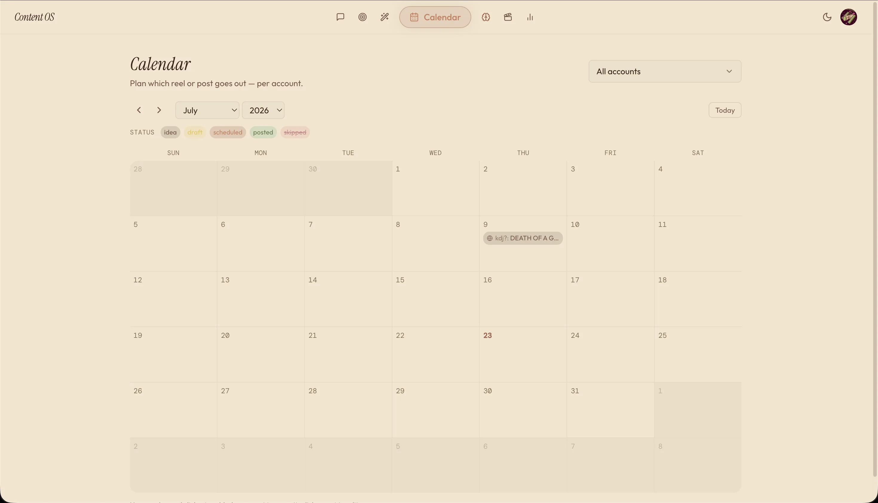 The shipped ContentOS calendar interface showing account filters, content statuses, and a monthly schedule