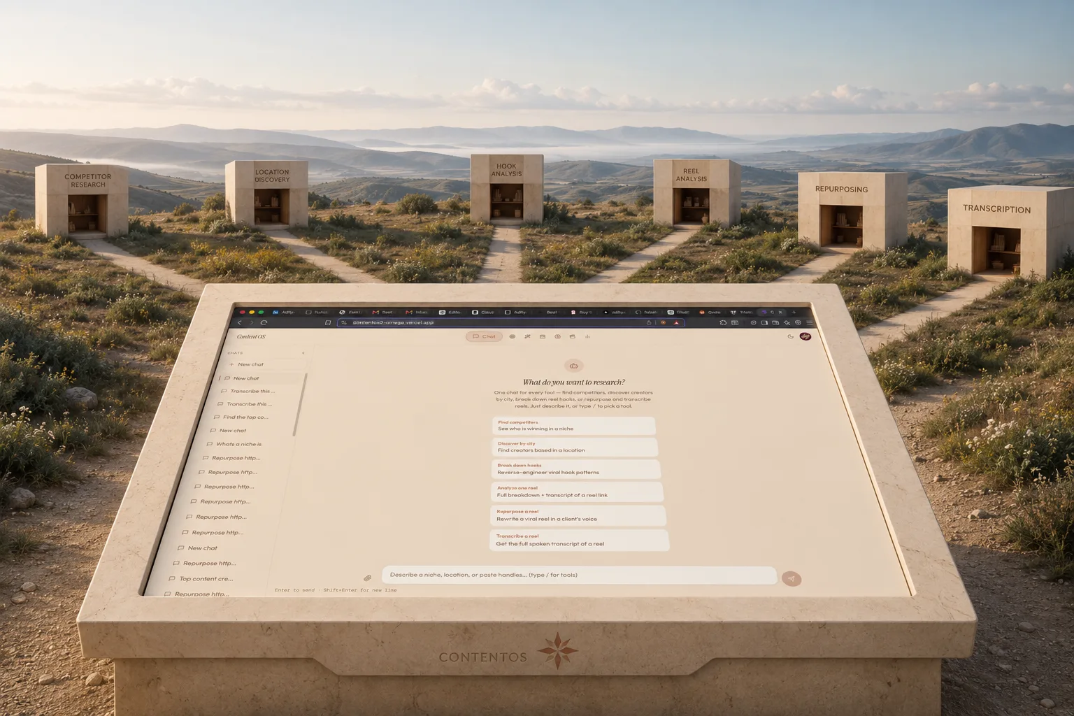 ContentOS unified research workspace set within six connected research archives