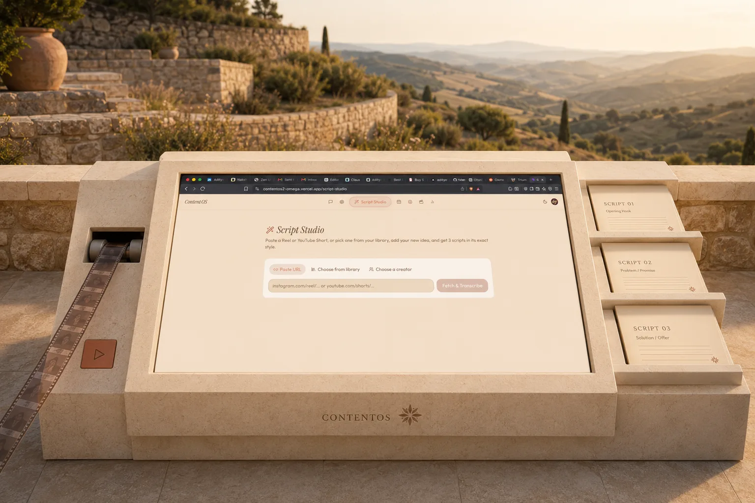 ContentOS Script Studio translating one reference reel into three script directions