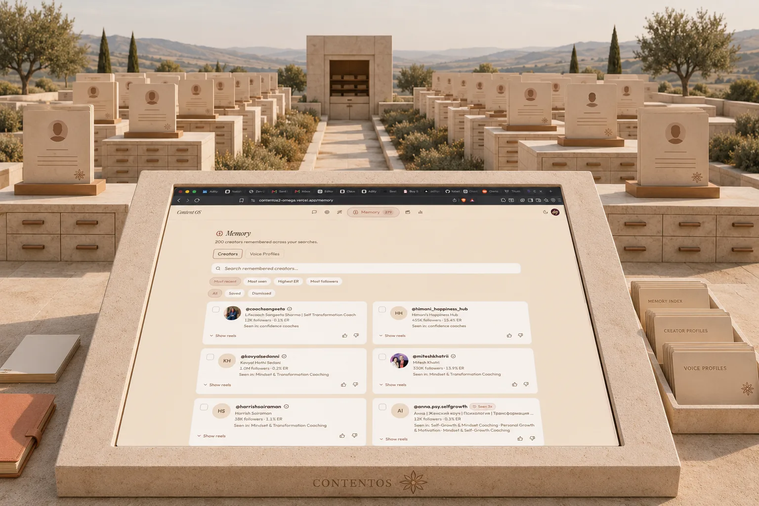 ContentOS creator memory represented as a persistent archive of profiles