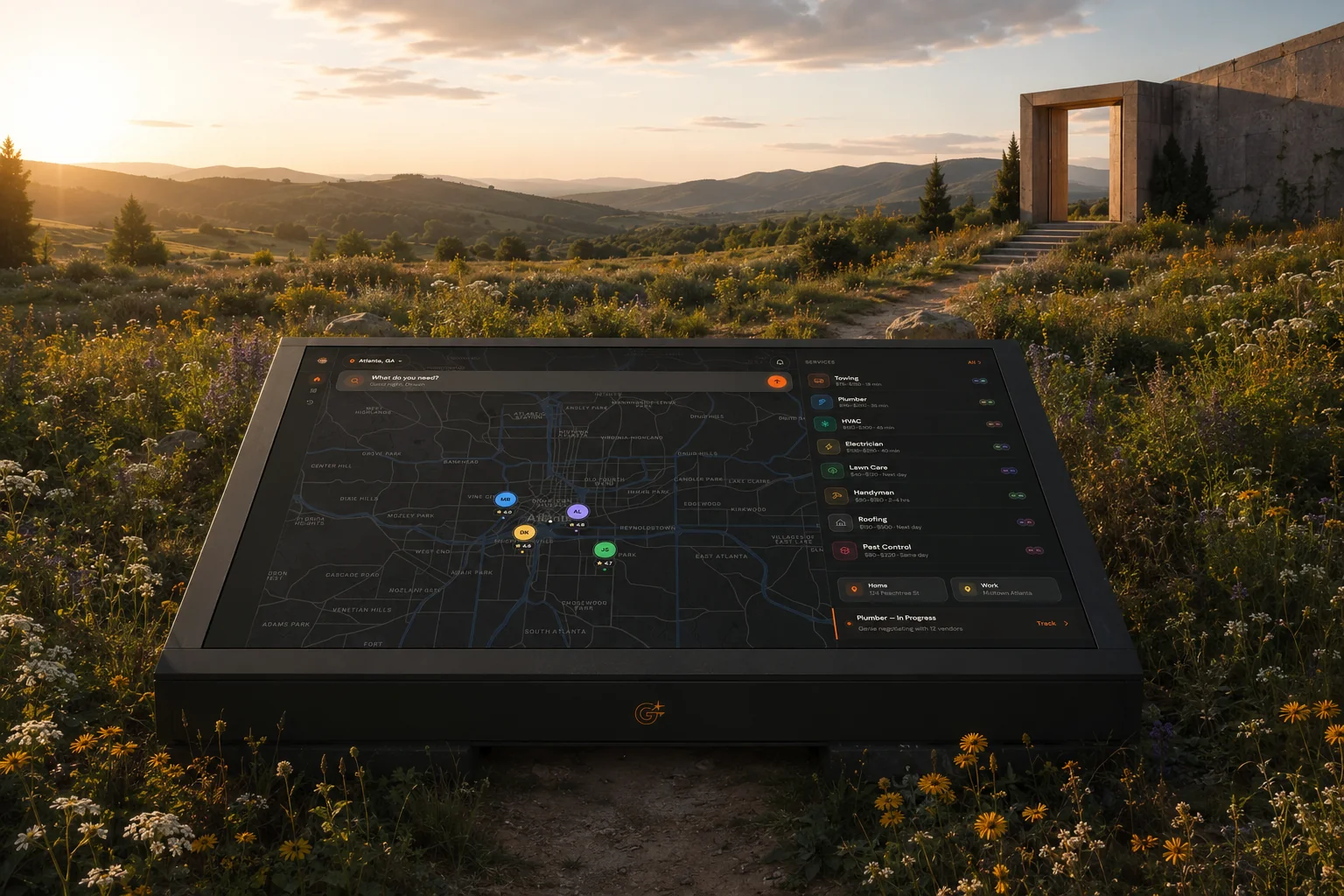 Find My Genie customer command center set within a meadow service gateway