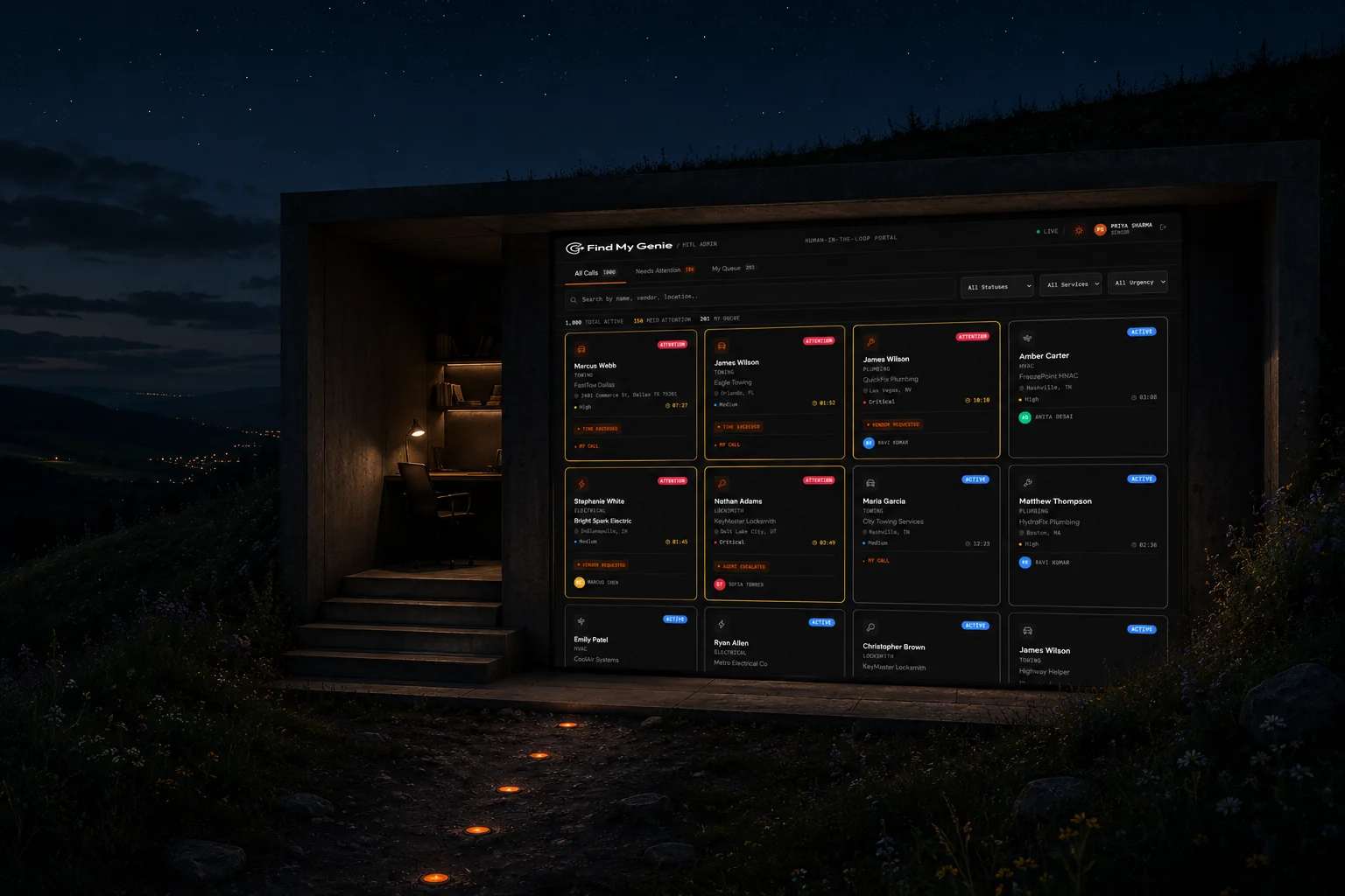 Find My Genie human-in-the-loop operations dashboard illuminated at night