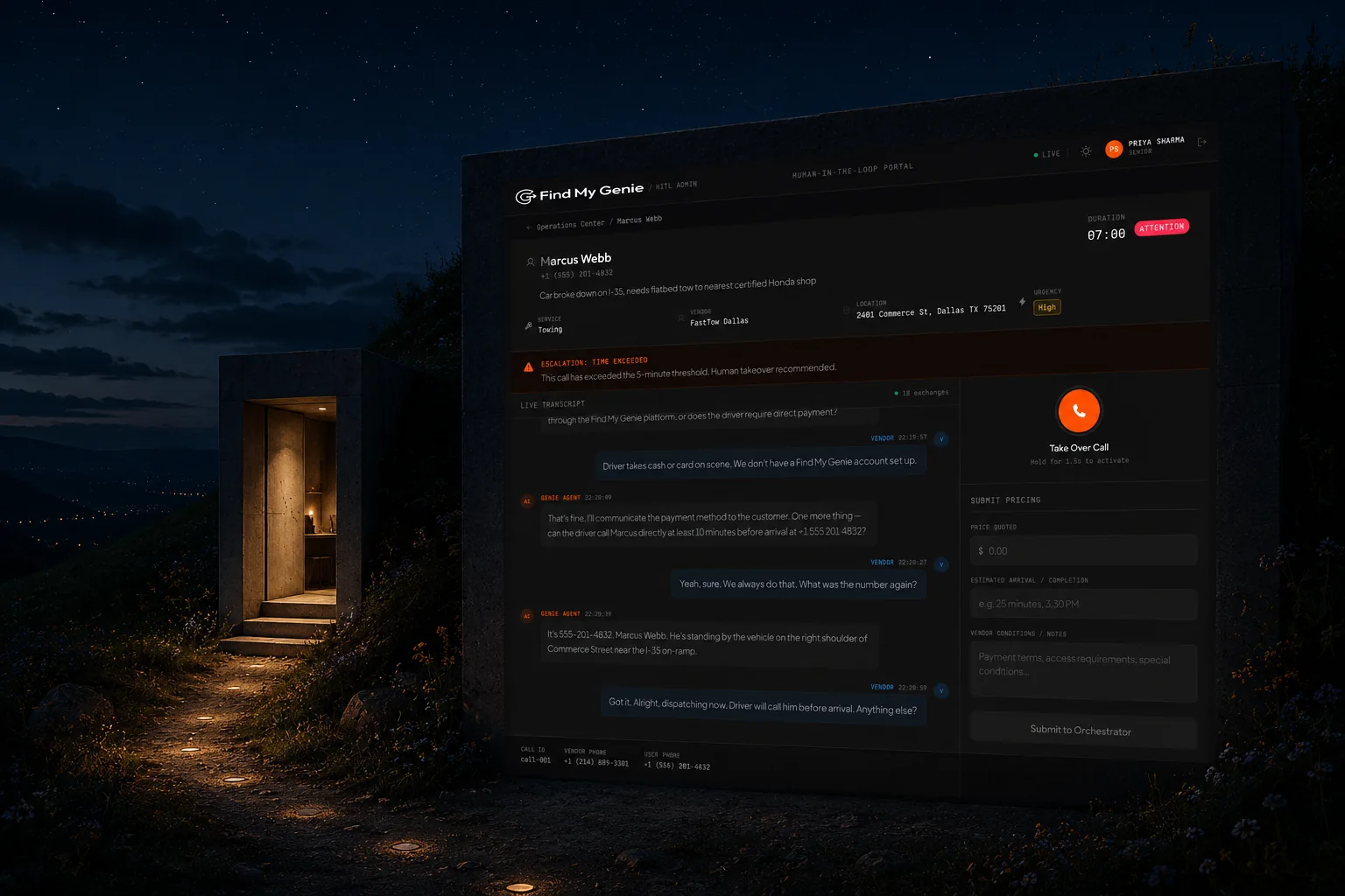 Escalated Find My Genie call with transcript and human takeover control