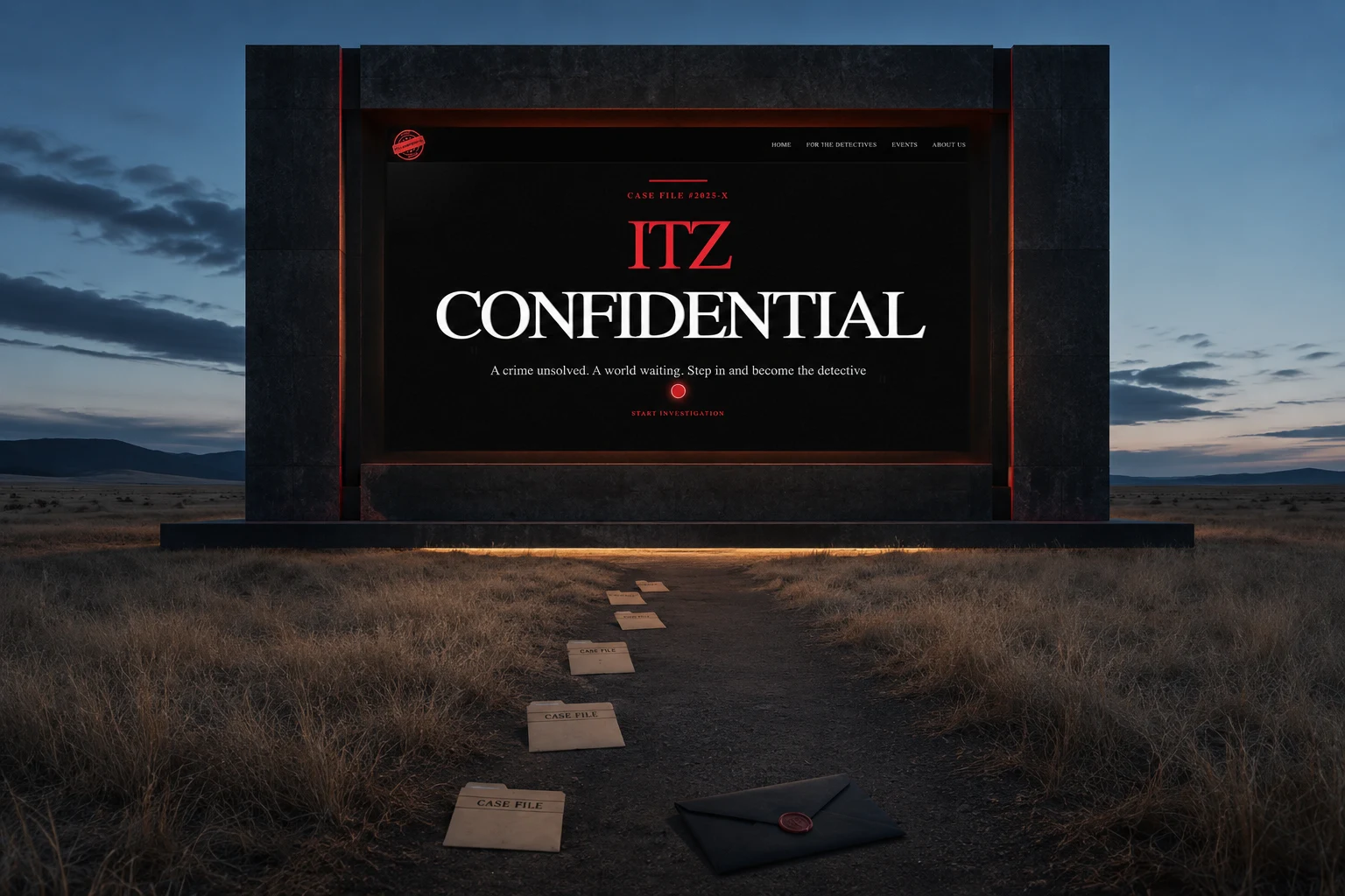 Itz Confidential homepage embedded in a monumental classified archive at blue hour