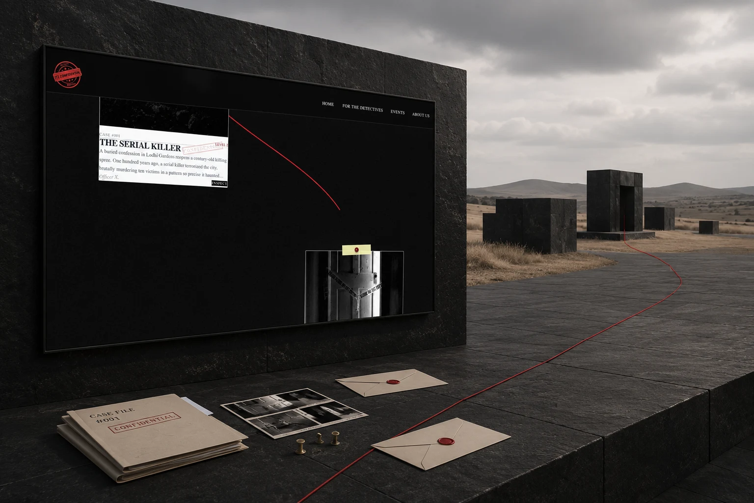 Evidence-board case discovery interface connected to a physical archive by a red thread