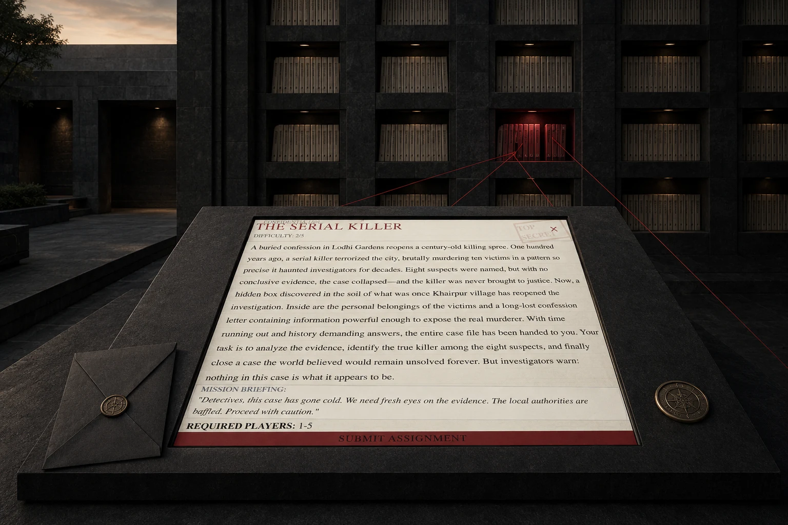 Opened case dossier on a black-stone examination table inside an evidence archive