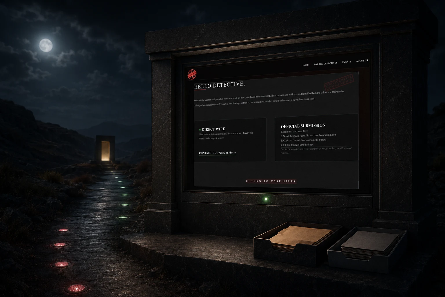 Detective support and official case submission portal at a moonlit verification station