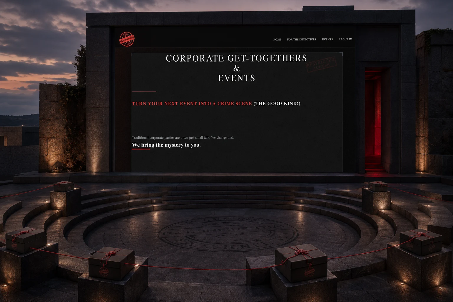 Itz Confidential corporate mystery events page installed in an open-air amphitheatre