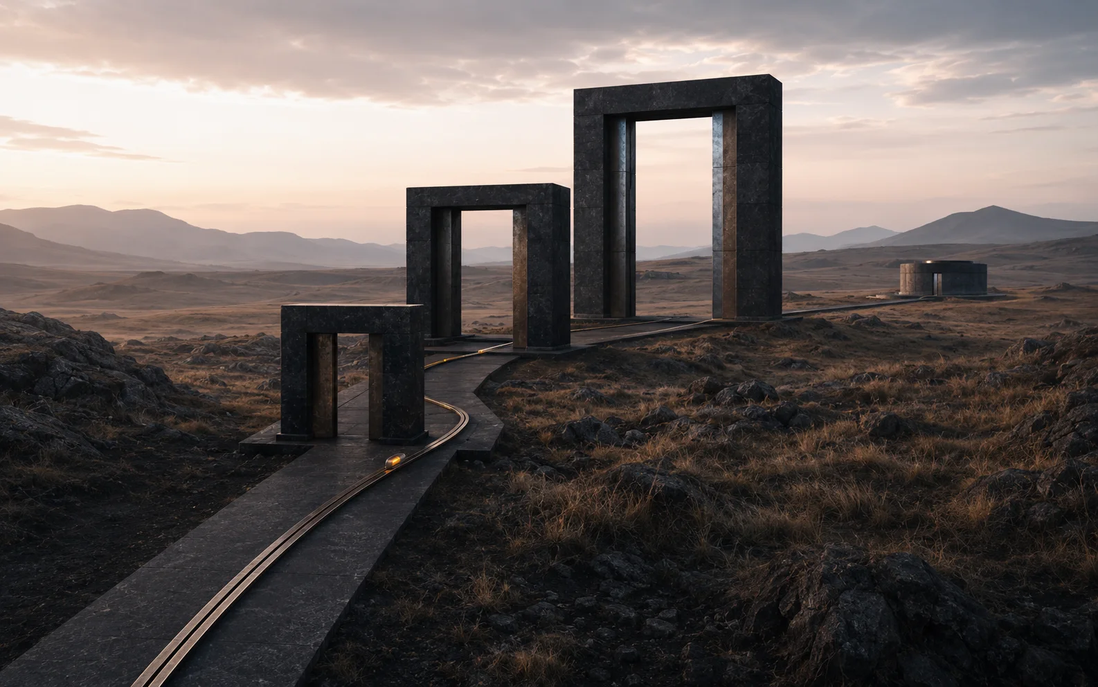 Three progressively larger dark stone gateways connected by an automated routing track in a rocky landscape