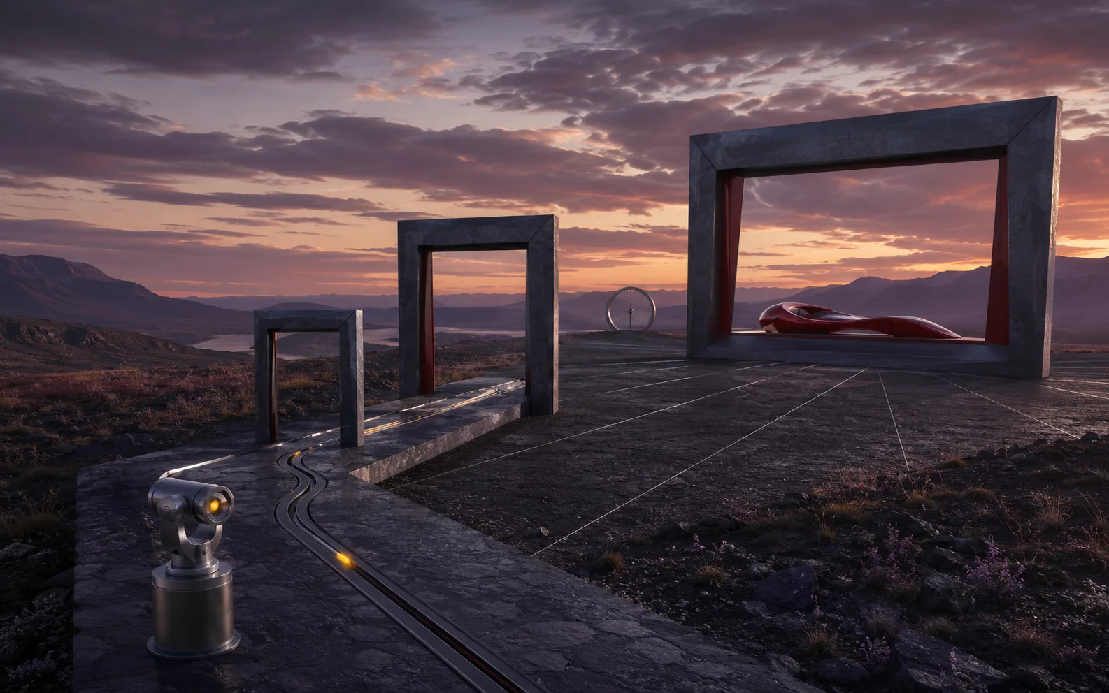 An abstract red racing form framed by a perspective installation at dusk