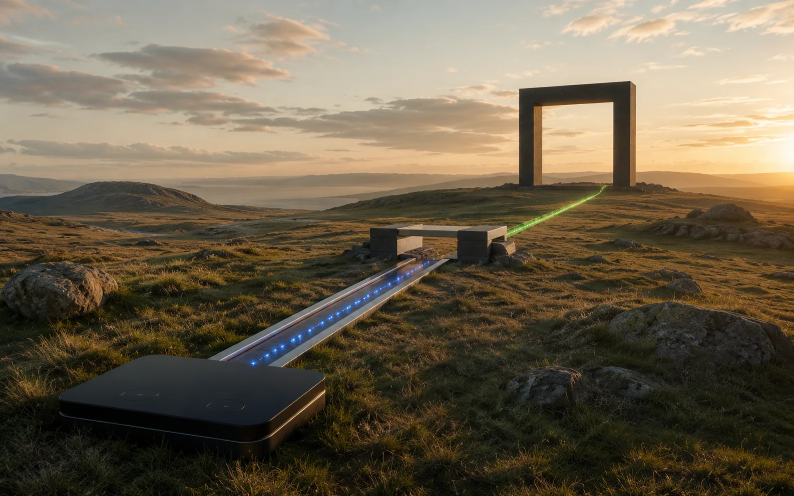 A black control slab sending a blue signal through a bridge toward a distant gateway