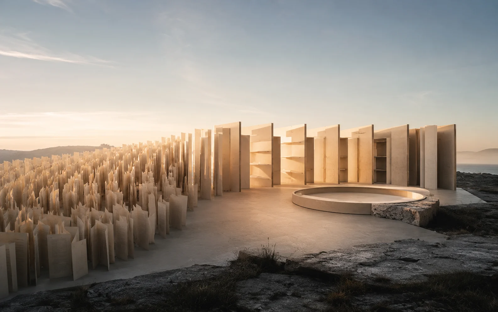 An architectural archive organizing dense paper records into clear planes