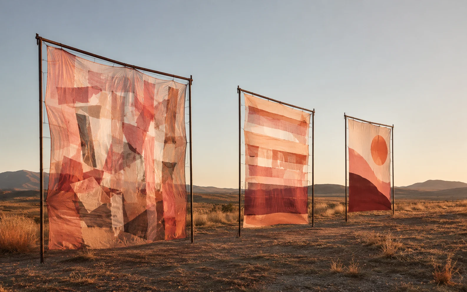 Three textile panels progressing from fragmented to structured compositions