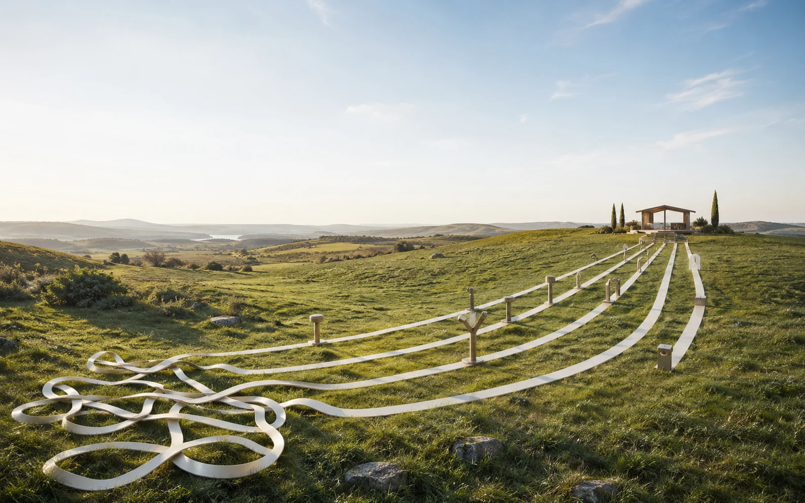 White paths untangling across a green landscape toward a pavilion