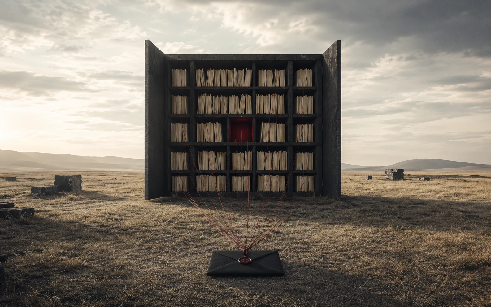 A black evidence archive in an open landscape connected by red threads to a sealed envelope