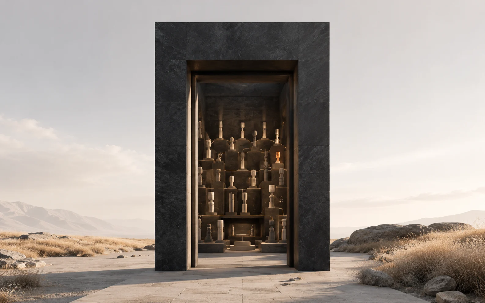 A monumental dark doorway containing an illuminated network of specialist forms